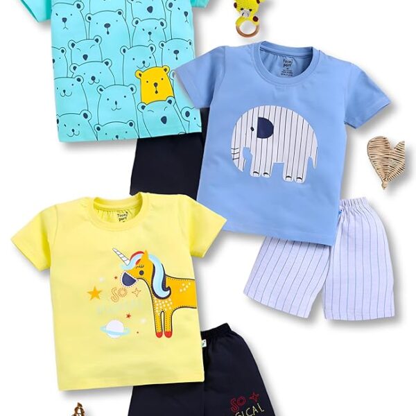 Toonyport Boys Summer 3 Packs Of T-shirts and Shorts Combo Set (Multicolors)