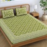 SheetKart Cotton Traditional Strips Jaipuri Printed Bedsheet for Double Bed King Size with 2 Pillow Covers - Light Green
