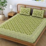 SheetKart Cotton Traditional Strips Jaipuri Printed Bedsheet for Double Bed King Size with 2 Pillow Covers - Light Green - Image 2