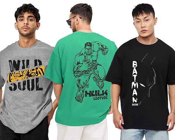 LEOTUDE Men's Cotton Oversized Fit Half Sleeve Oversized Printed T-Shirt, Round Neck Longline Drop Shoulder | ful Printed Combo T-Shirt (Pack of 3)